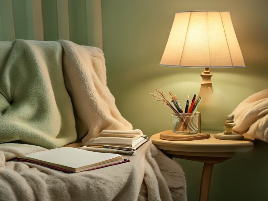 Träbord med dagboksjournal och varmt ljus